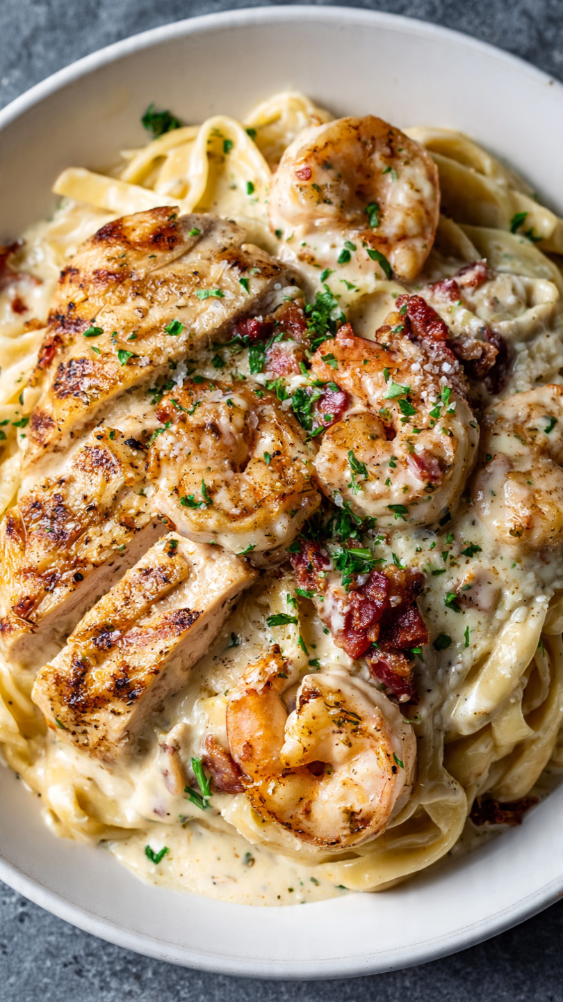 Copycat Olive Garden Chicken and Shrimp Carbonara